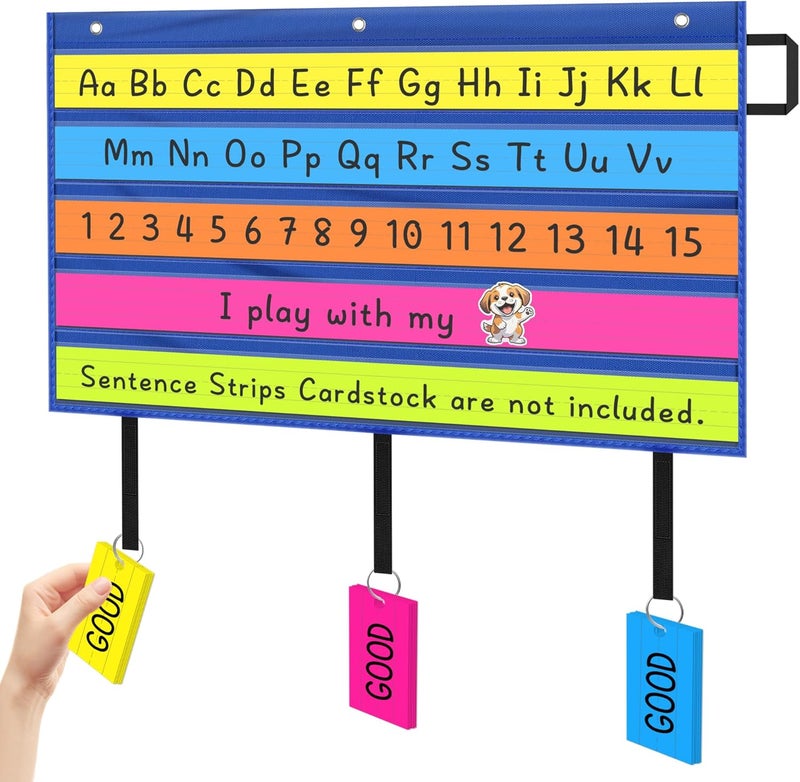 AKAYOK Sentence Strip Holder- Clear 5 Pocket Chart for Classroom Homeschool Office, Foldable Pocket Chart for Word Wall/Letter Cards/Sentence Strips/Bulletin Board Borders (Blue) - Image 1